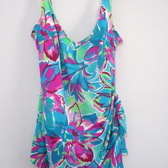 42D Tropical One Piece Shaper Swimsuit Bright Teal Pink Lime - Picture 2 of 10